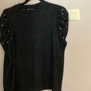 Zara black sweater top with puffed should and rhinestone’s